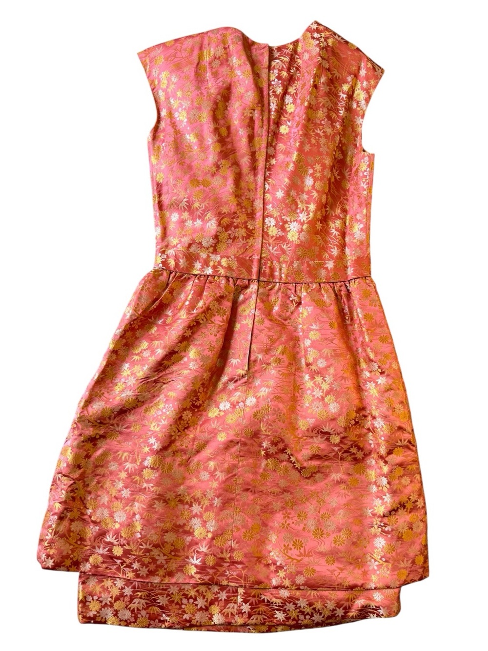 Handmade Silk Brocade Dress Pink Gold Floral Asian Inspired Bow Waist Small - Picture 3 of 11